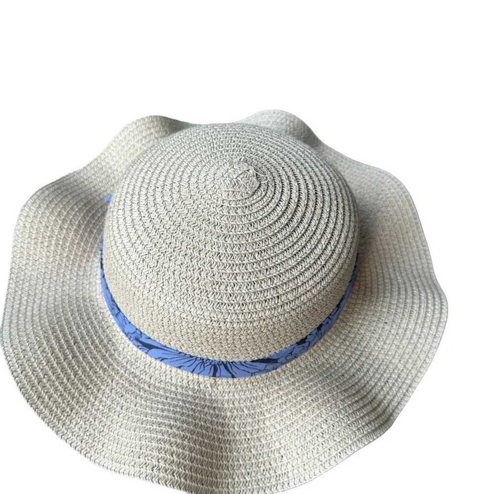 Straw Hat Wide Brim Sun Hat Beach Blue Ribbon‎ Hatband for Toddler Girls